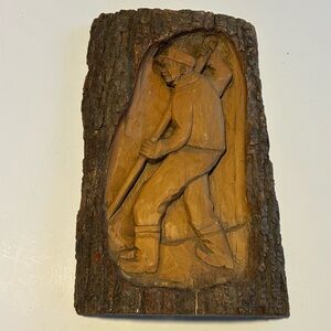 Wood carving folk art “Man With A Shovel “ 13”x 8” in good Preowned condition